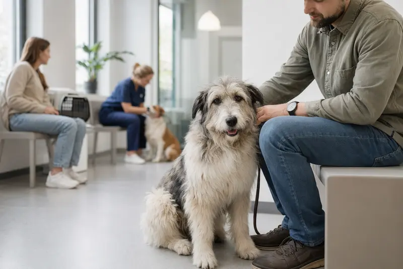 Ein Mioritic Hund sitzt ruhig neben seinem Besitzer im hellen Wartezimmer einer modernen Tierarztpraxis.